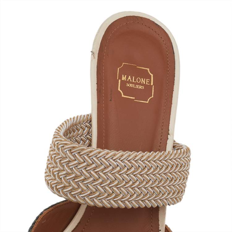 مملوكة مسبقًا Malone Souliers  Blue/Beige Canvas And Raffia Maisie Pointed Toe Mules Size 38