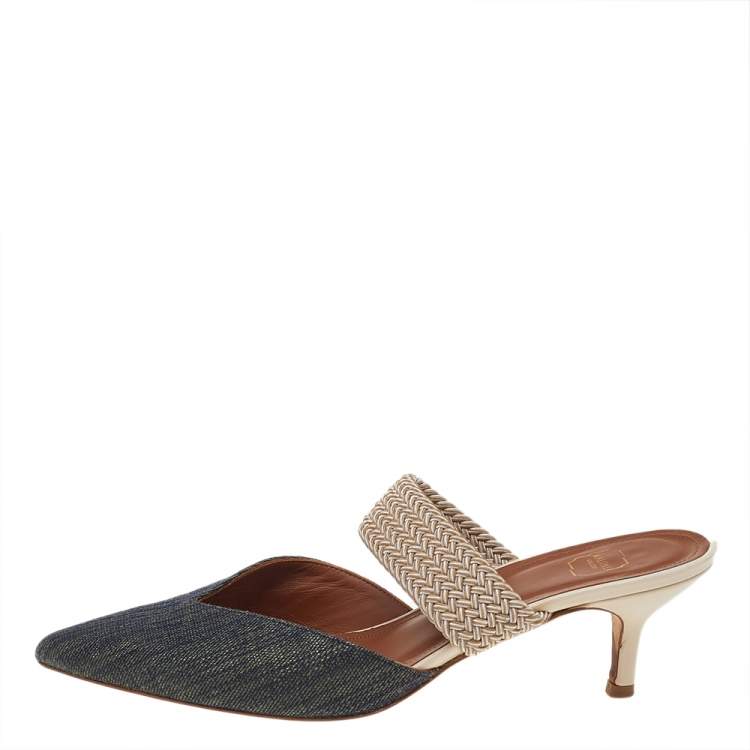 مملوكة مسبقًا Malone Souliers  Blue/Beige Canvas And Raffia Maisie Pointed Toe Mules Size 38