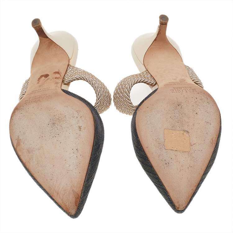 مملوكة مسبقًا Malone Souliers  Blue/Beige Canvas And Raffia Maisie Pointed Toe Mules Size 38