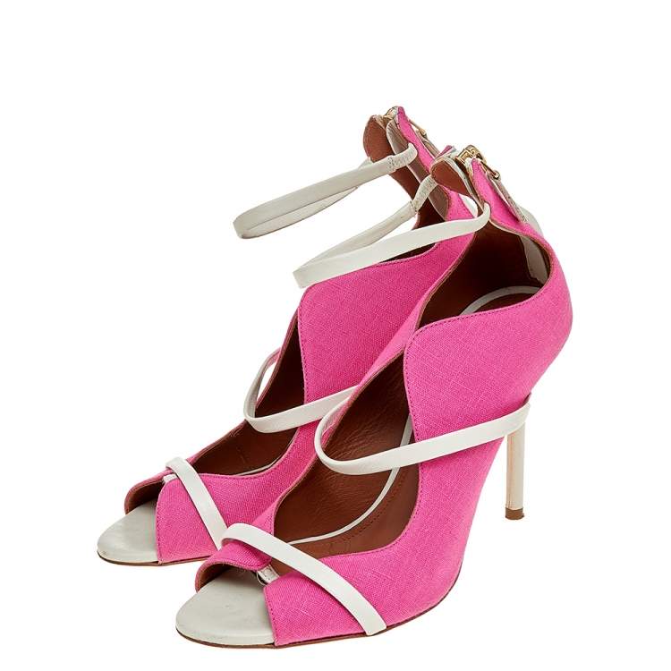 Pre Owned Malone Souliers Pink Canvas And Leather Mika Triple Band Peep Toe Sandals Size 36