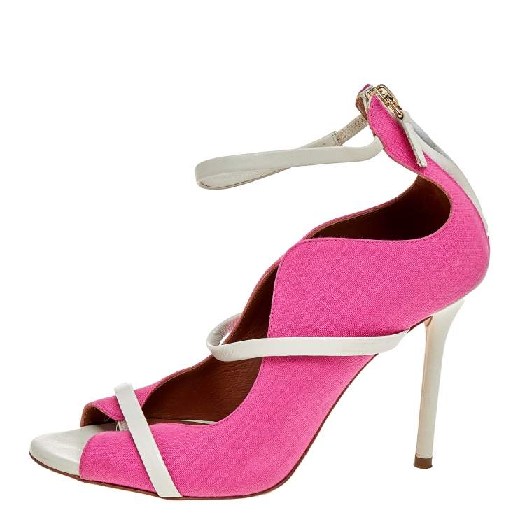 Pre Owned Malone Souliers Pink Canvas And Leather Mika Triple Band Peep Toe Sandals Size 36