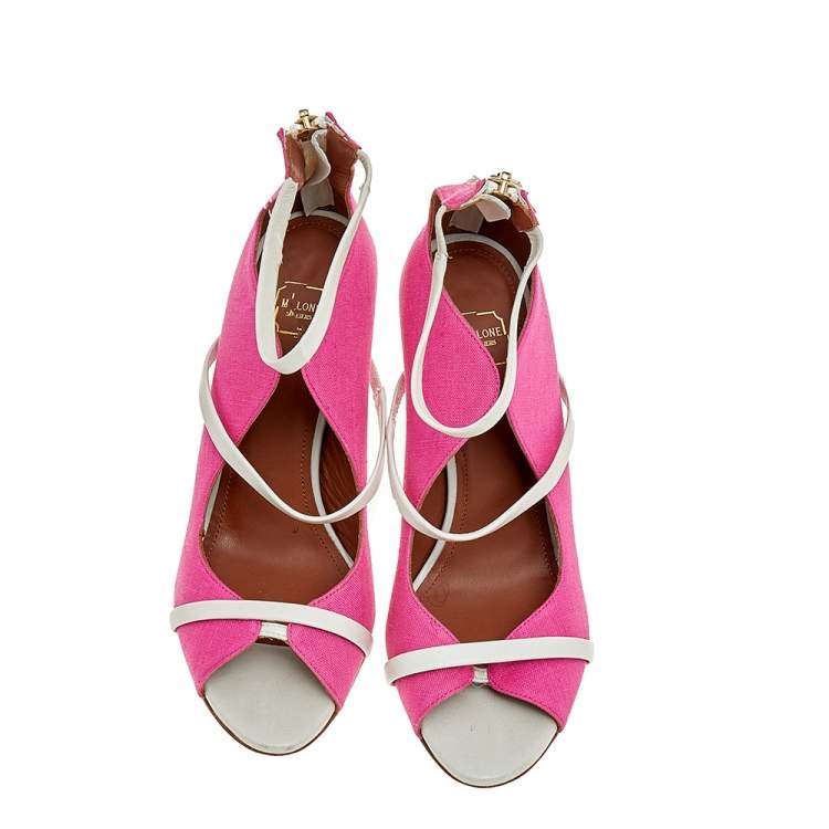 Pre Owned Malone Souliers Pink Canvas And Leather Mika Triple Band Peep Toe Sandals Size 36