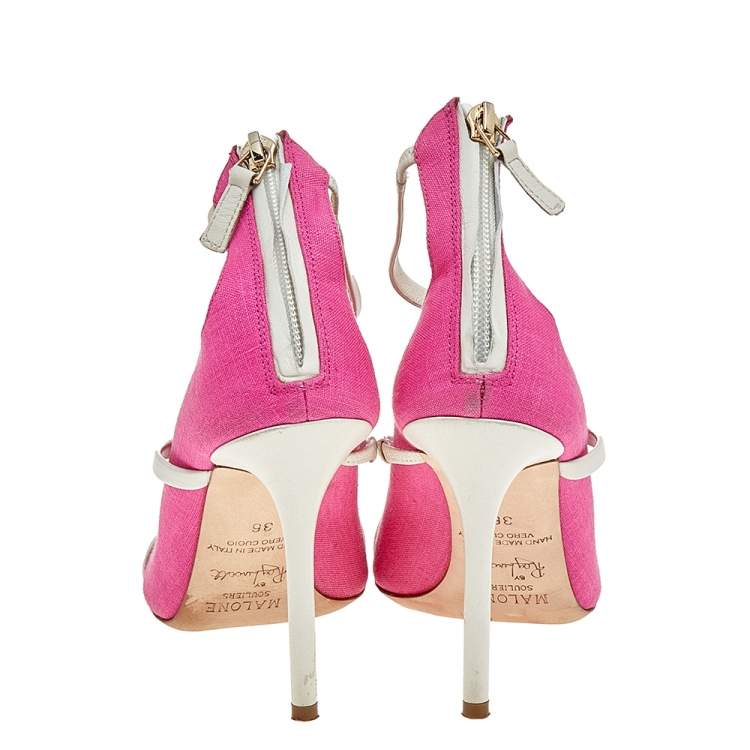 Pre Owned Malone Souliers Pink Canvas And Leather Mika Triple Band Peep Toe Sandals Size 36