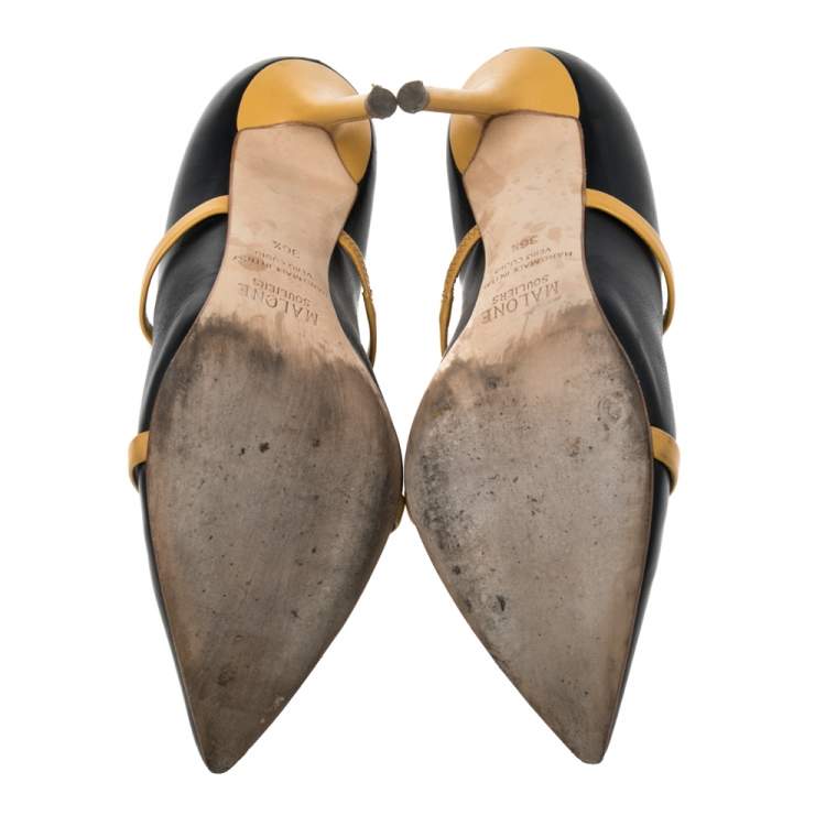 Pre Owned Malone Souliers Yellow/Navy Blue Leather Maureen Pointed Toe Pumps Size 36.5
