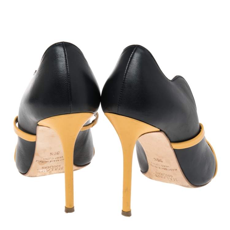 Pre Owned Malone Souliers Yellow/Navy Blue Leather Maureen Pointed Toe Pumps Size 36.5