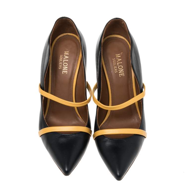 Pre Owned Malone Souliers Yellow/Navy Blue Leather Maureen Pointed Toe Pumps Size 36.5