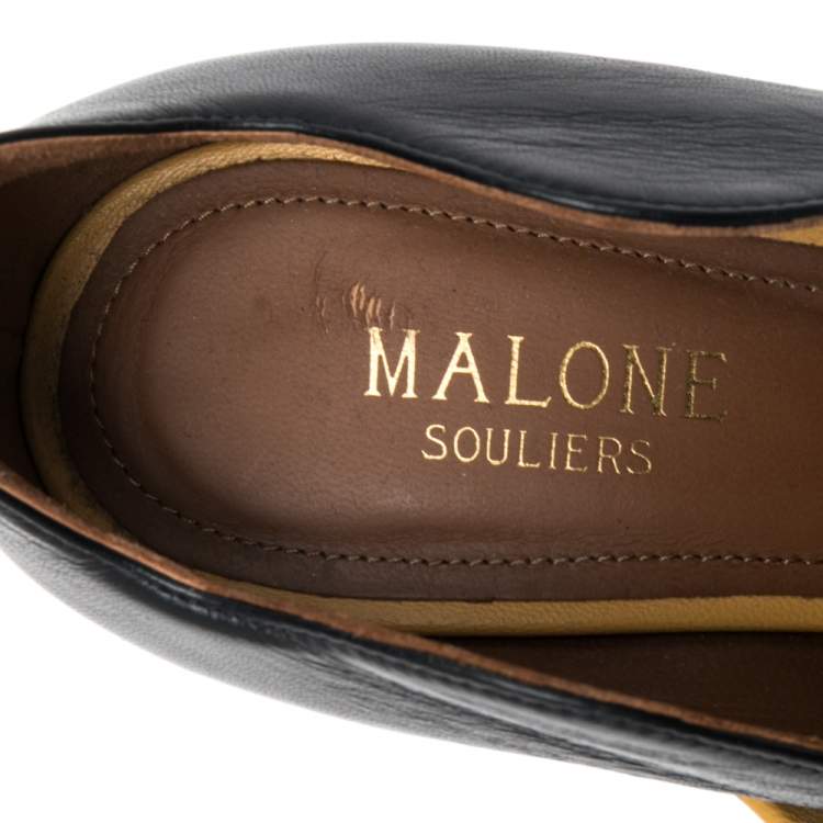 Pre Owned Malone Souliers Yellow/Navy Blue Leather Maureen Pointed Toe Pumps Size 36.5