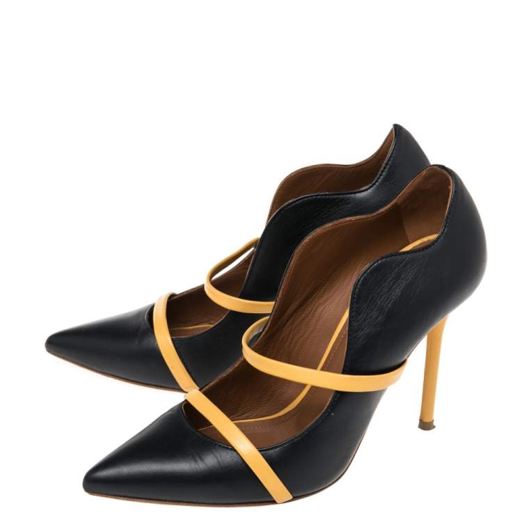 Pre Owned Malone Souliers Yellow/Navy Blue Leather Maureen Pointed Toe Pumps Size 36.5