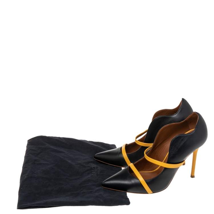 Pre Owned Malone Souliers Yellow/Navy Blue Leather Maureen Pointed Toe Pumps Size 36.5