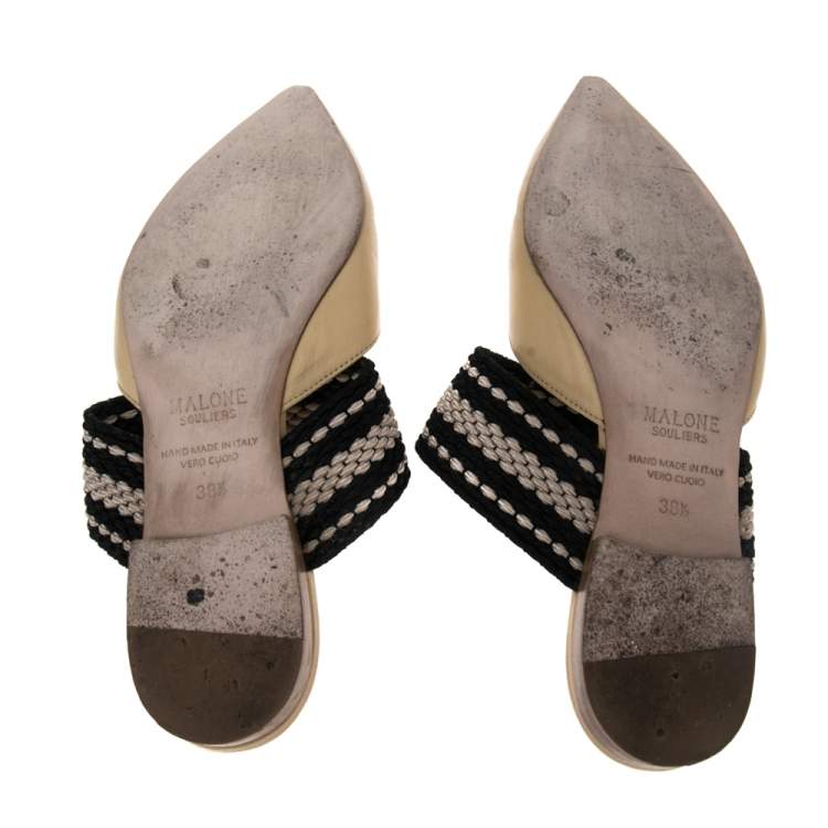 Pre Owned Malone Souliers Yellow/Black Leather And Canvas  Hannah Roksanda Mule Sandals Size 38.5