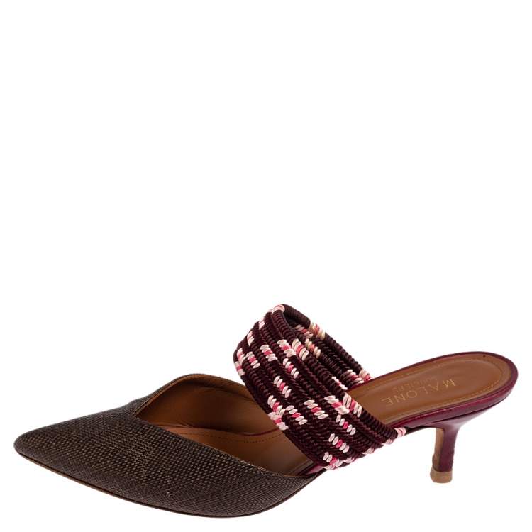 Pre Owned Malone Souliers Brown/Burgundy Canvas And Raffia  Maisie Sandals Size 36.5
