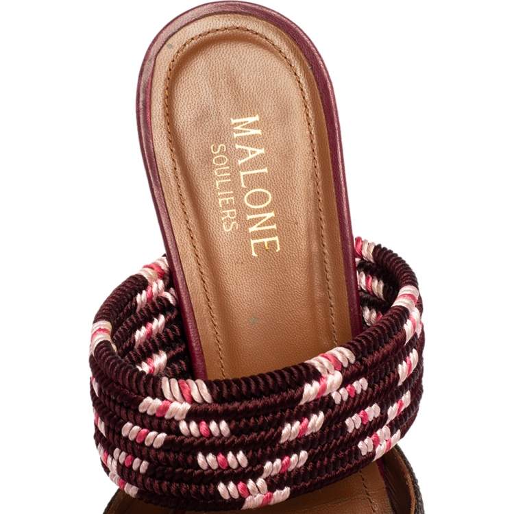 Pre Owned Malone Souliers Brown/Burgundy Canvas And Raffia  Maisie Sandals Size 36.5