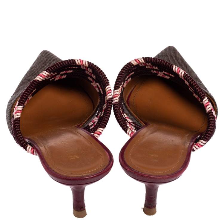 Pre Owned Malone Souliers Brown/Burgundy Canvas And Raffia  Maisie Sandals Size 36.5