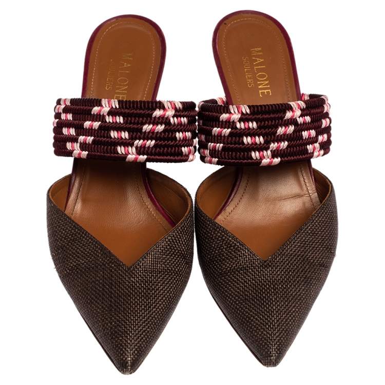 Pre Owned Malone Souliers Brown/Burgundy Canvas And Raffia  Maisie Sandals Size 36.5