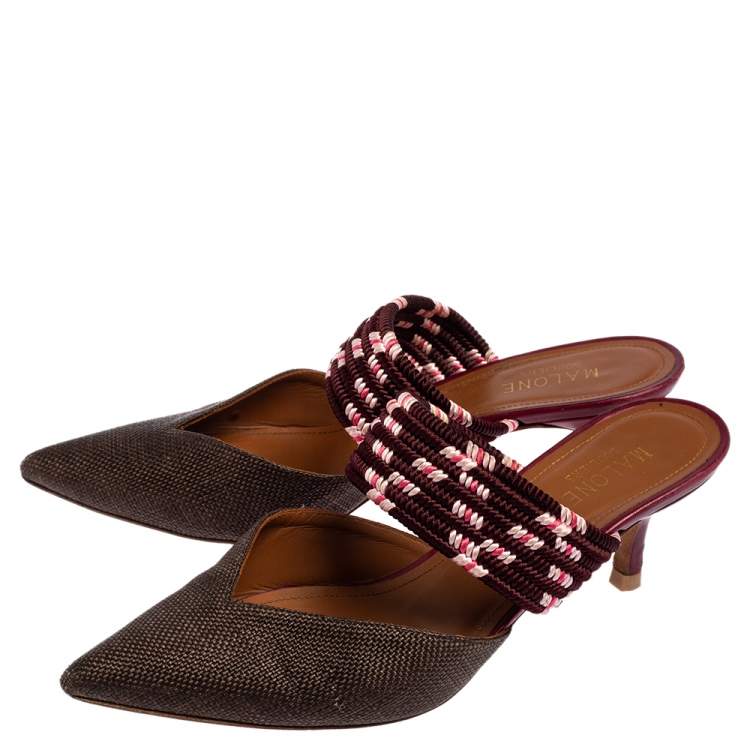 Pre Owned Malone Souliers Brown/Burgundy Canvas And Raffia  Maisie Sandals Size 36.5