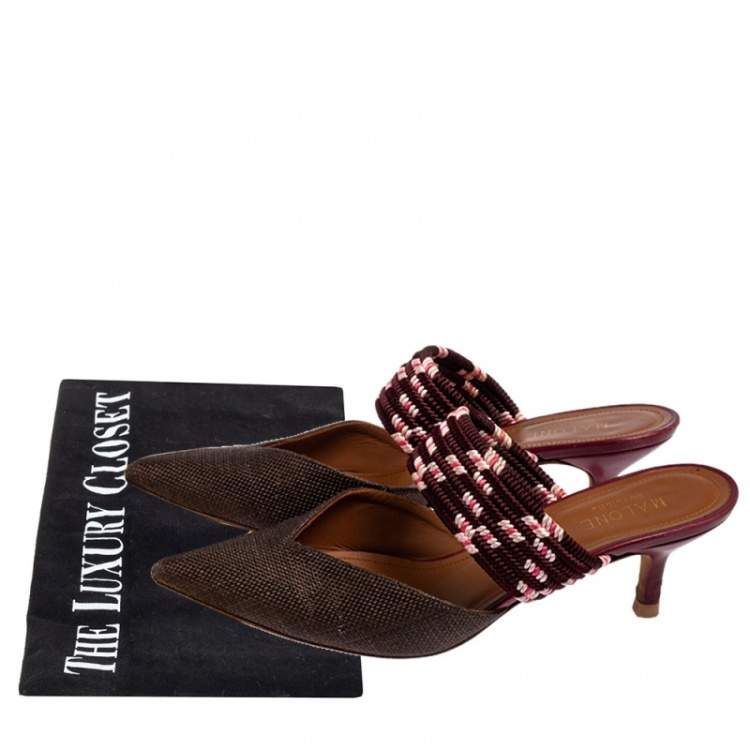 Pre Owned Malone Souliers Brown/Burgundy Canvas And Raffia  Maisie Sandals Size 36.5