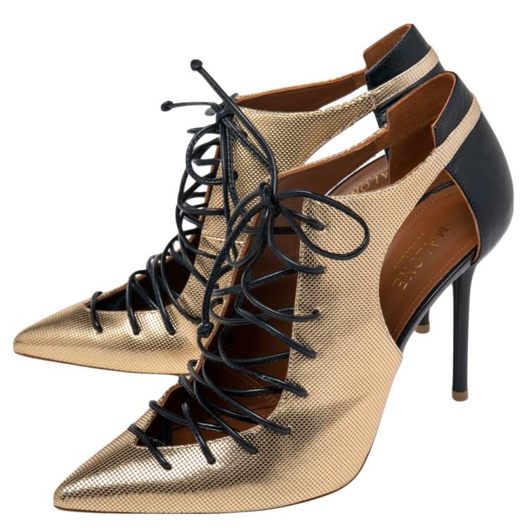 مملوكة مسبقًا Malone Souliers Gold/Navy Blue Leather Montana Booties Size 37.5