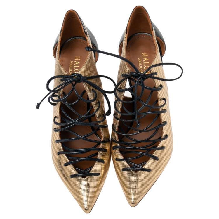 مملوكة مسبقًا Malone Souliers Gold/Navy Blue Leather Montana Booties Size 37.5