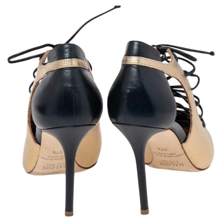 مملوكة مسبقًا Malone Souliers Gold/Navy Blue Leather Montana Booties Size 37.5
