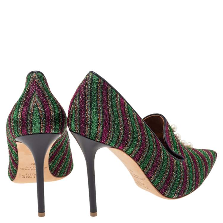 Pre Owned Malone Souliers x Natalia Vodianova Multicolor Lurex Fabric Faux Pearl Lubov Loafer Pumps Size 39