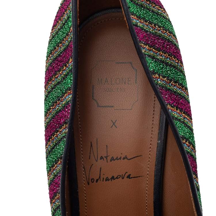 Pre Owned Malone Souliers x Natalia Vodianova Multicolor Lurex Fabric Faux Pearl Lubov Loafer Pumps Size 39