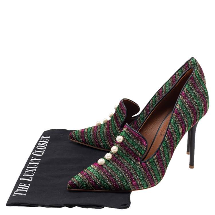 Pre Owned Malone Souliers x Natalia Vodianova Multicolor Lurex Fabric Faux Pearl Lubov Loafer Pumps Size 39