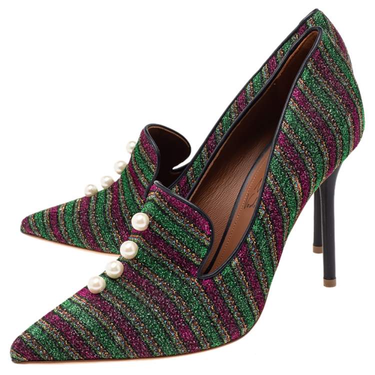 Pre Owned Malone Souliers x Natalia Vodianova Multicolor Lurex Fabric Faux Pearl Lubov Loafer Pumps Size 39
