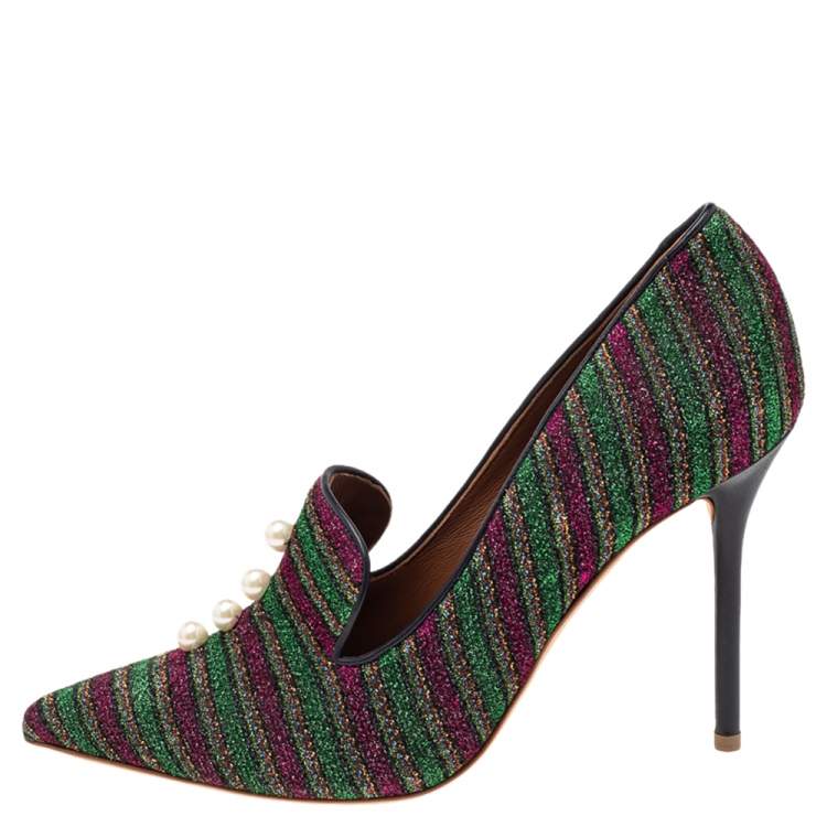 Pre Owned Malone Souliers x Natalia Vodianova Multicolor Lurex Fabric Faux Pearl Lubov Loafer Pumps Size 39