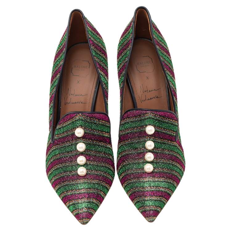 Pre Owned Malone Souliers x Natalia Vodianova Multicolor Lurex Fabric Faux Pearl Lubov Loafer Pumps Size 39