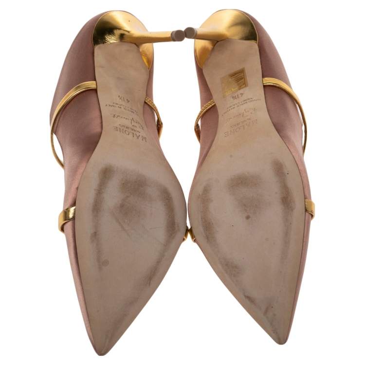 Pre Owned Malone Souliers Gold/Beige Satin And Leather Maureen Sandals Size 41.5