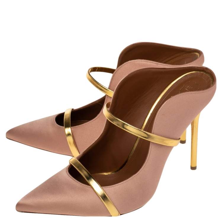Pre Owned Malone Souliers Gold/Beige Satin And Leather Maureen Sandals Size 41.5
