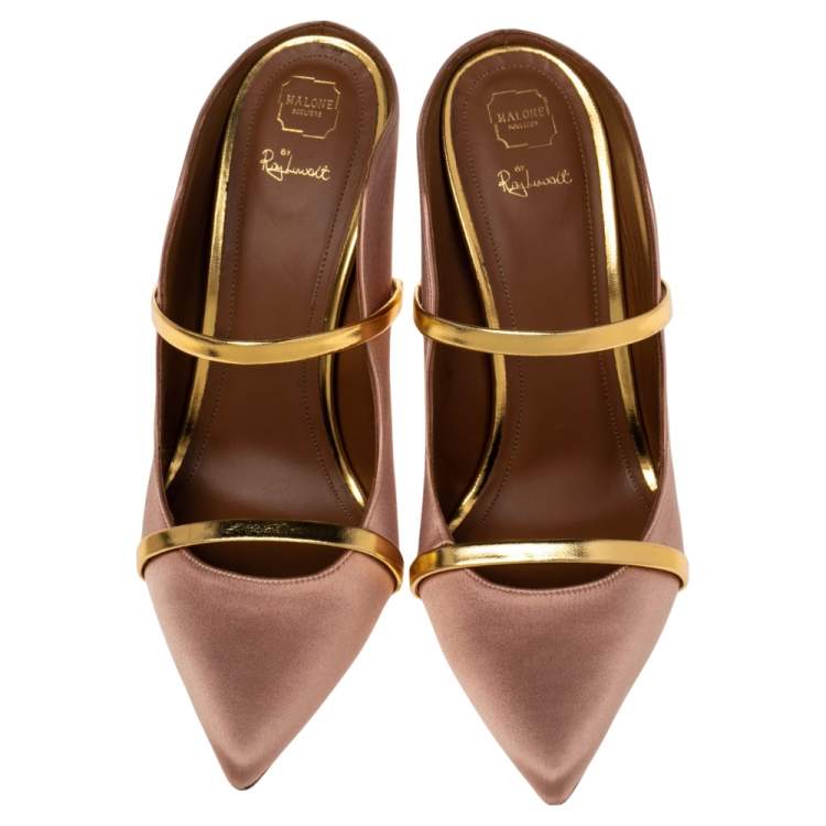 Pre Owned Malone Souliers Gold/Beige Satin And Leather Maureen Sandals Size 41.5
