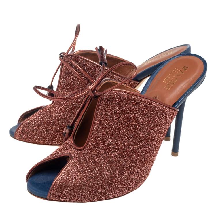 Pre Owned Malone Souliers Metallic Brown Shimmery Fabric Lace Up Mules Size 38