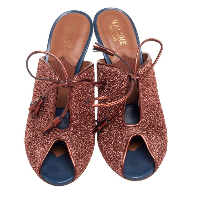 Pre Owned Malone Souliers Metallic Brown Shimmery Fabric Lace Up Mules Size 38