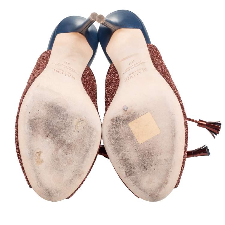 Pre Owned Malone Souliers Metallic Brown Shimmery Fabric Lace Up Mules Size 38