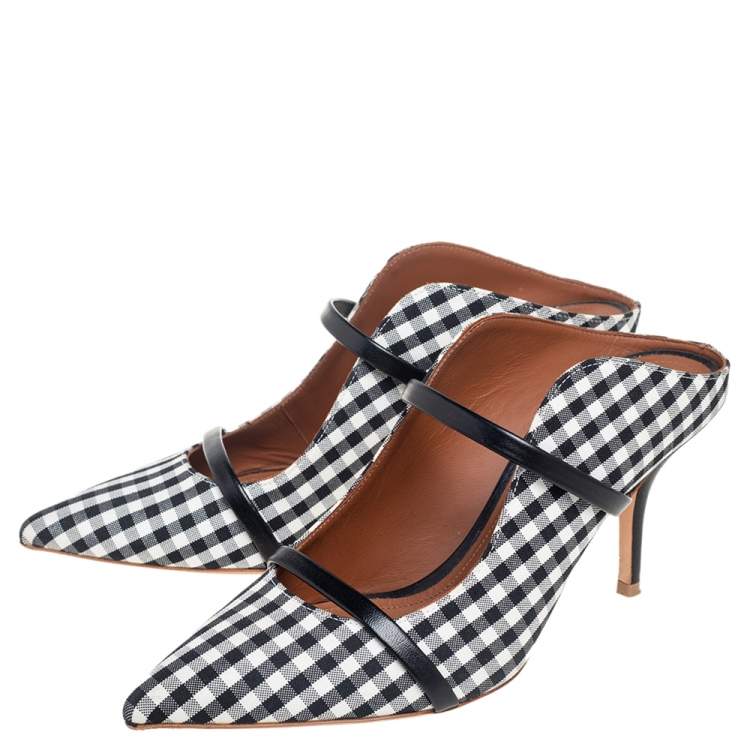 Pre Owned Malone Souliers Black/White Check Canvas Maureen Pumps Size 38