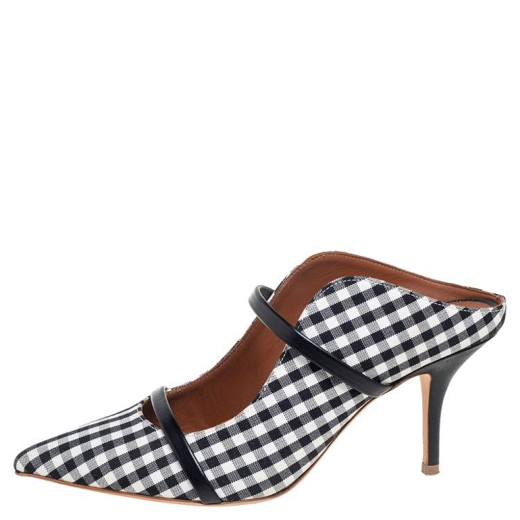Pre Owned Malone Souliers Black/White Check Canvas Maureen Pumps Size 38