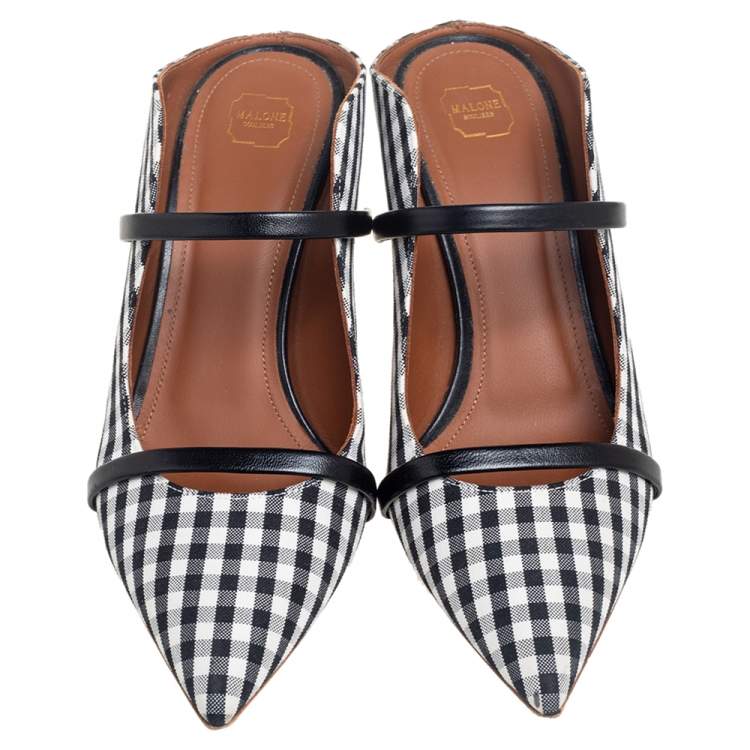 Pre Owned Malone Souliers Black/White Check Canvas Maureen Pumps Size 38
