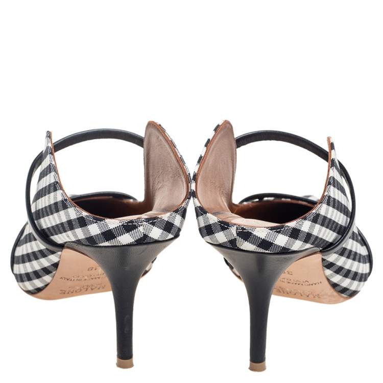 Pre Owned Malone Souliers Black/White Check Canvas Maureen Pumps Size 38