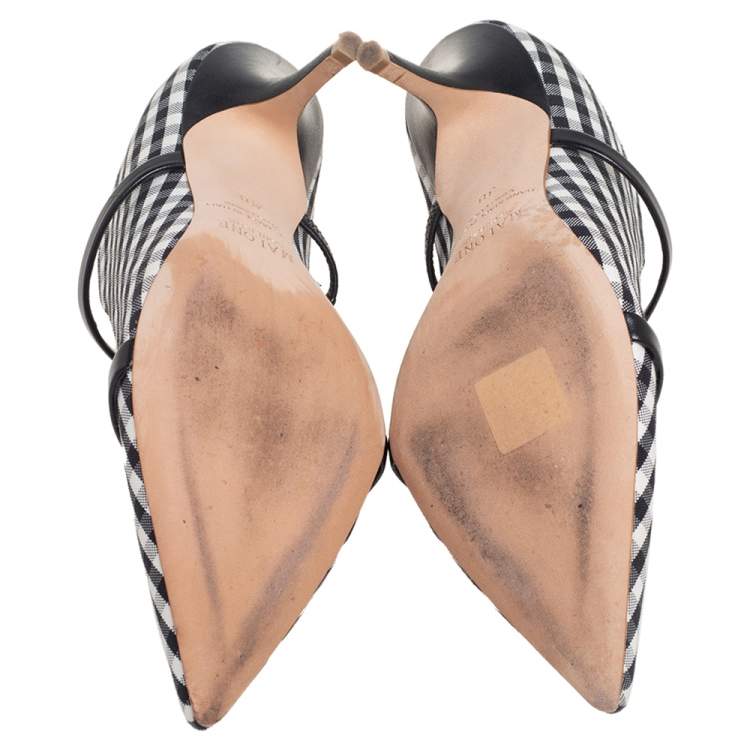 Pre Owned Malone Souliers Black/White Check Canvas Maureen Pumps Size 38