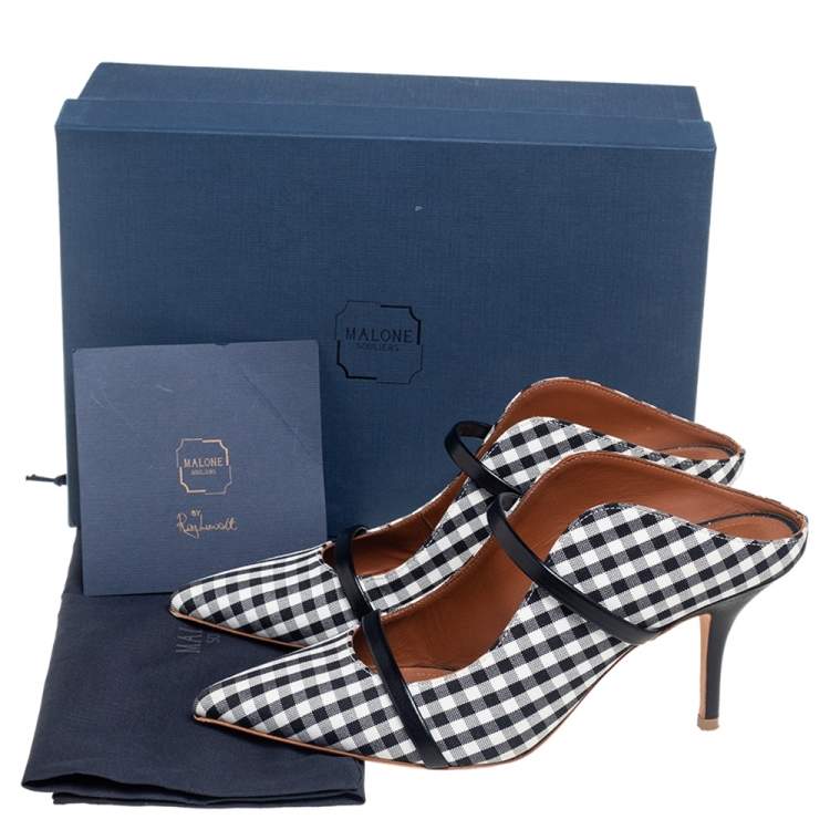 Pre Owned Malone Souliers Black/White Check Canvas Maureen Pumps Size 38