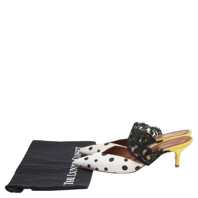 Pre Owned Malone Souliers by Emanuel Ungaro White-Black Polka Dot Satin And Lace Maisie Pointed Toe Mules Size 38