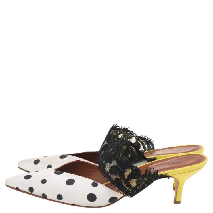 Pre Owned Malone Souliers by Emanuel Ungaro White-Black Polka Dot Satin And Lace Maisie Pointed Toe Mules Size 38