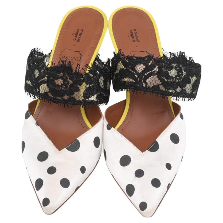 Pre Owned Malone Souliers by Emanuel Ungaro White-Black Polka Dot Satin And Lace Maisie Pointed Toe Mules Size 38