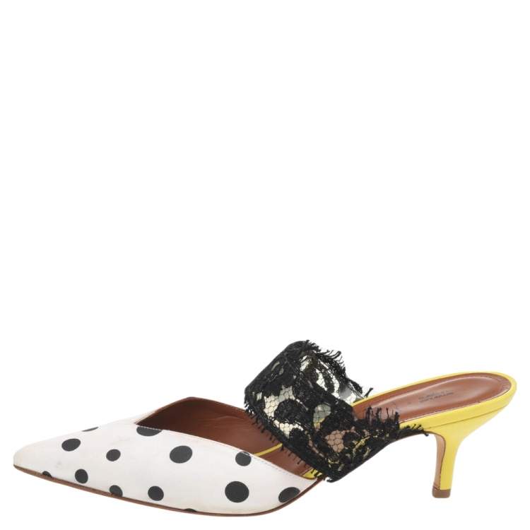 Pre Owned Malone Souliers by Emanuel Ungaro White-Black Polka Dot Satin And Lace Maisie Pointed Toe Mules Size 38