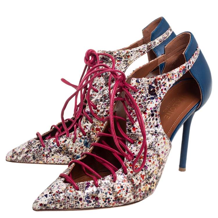 Pre Owned Malone Souliers Multicolor Python Embossed And Leather Montana Pointed Toe Lace Up Booties Size 37