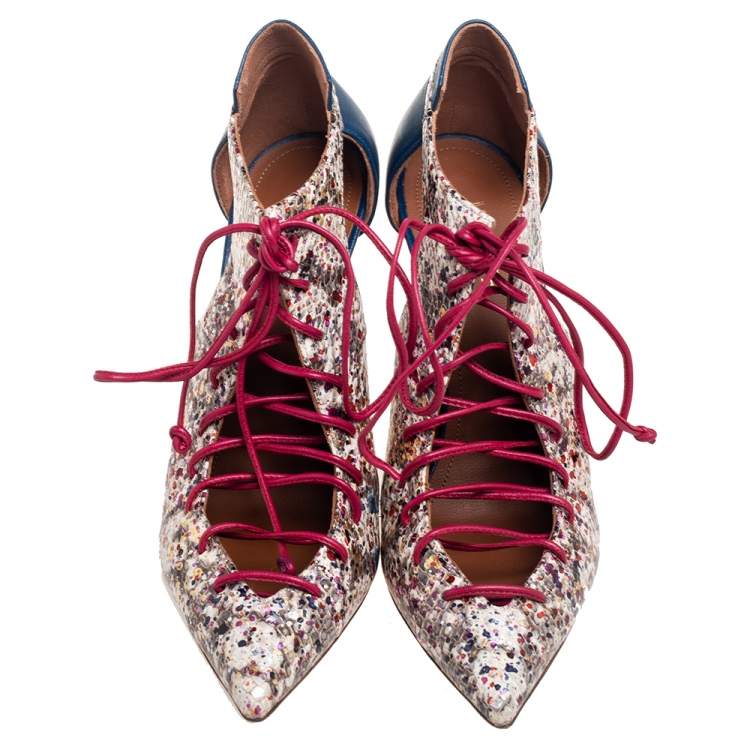 Pre Owned Malone Souliers Multicolor Python Embossed And Leather Montana Pointed Toe Lace Up Booties Size 37