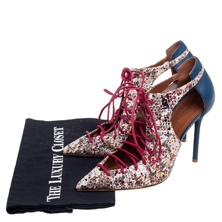 Pre Owned Malone Souliers Multicolor Python Embossed And Leather Montana Pointed Toe Lace Up Booties Size 37