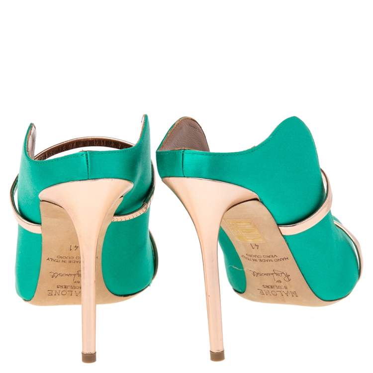 Pre Owned Malone Souliers Green Satin Maureen Pointed Toe Mules Size 41