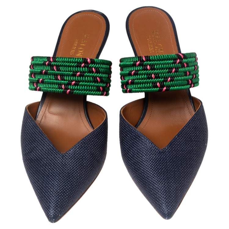Pre Owned Malone Souliers Navy Blue/Green Raffia and Fabric Maisie Mules Size 38.5